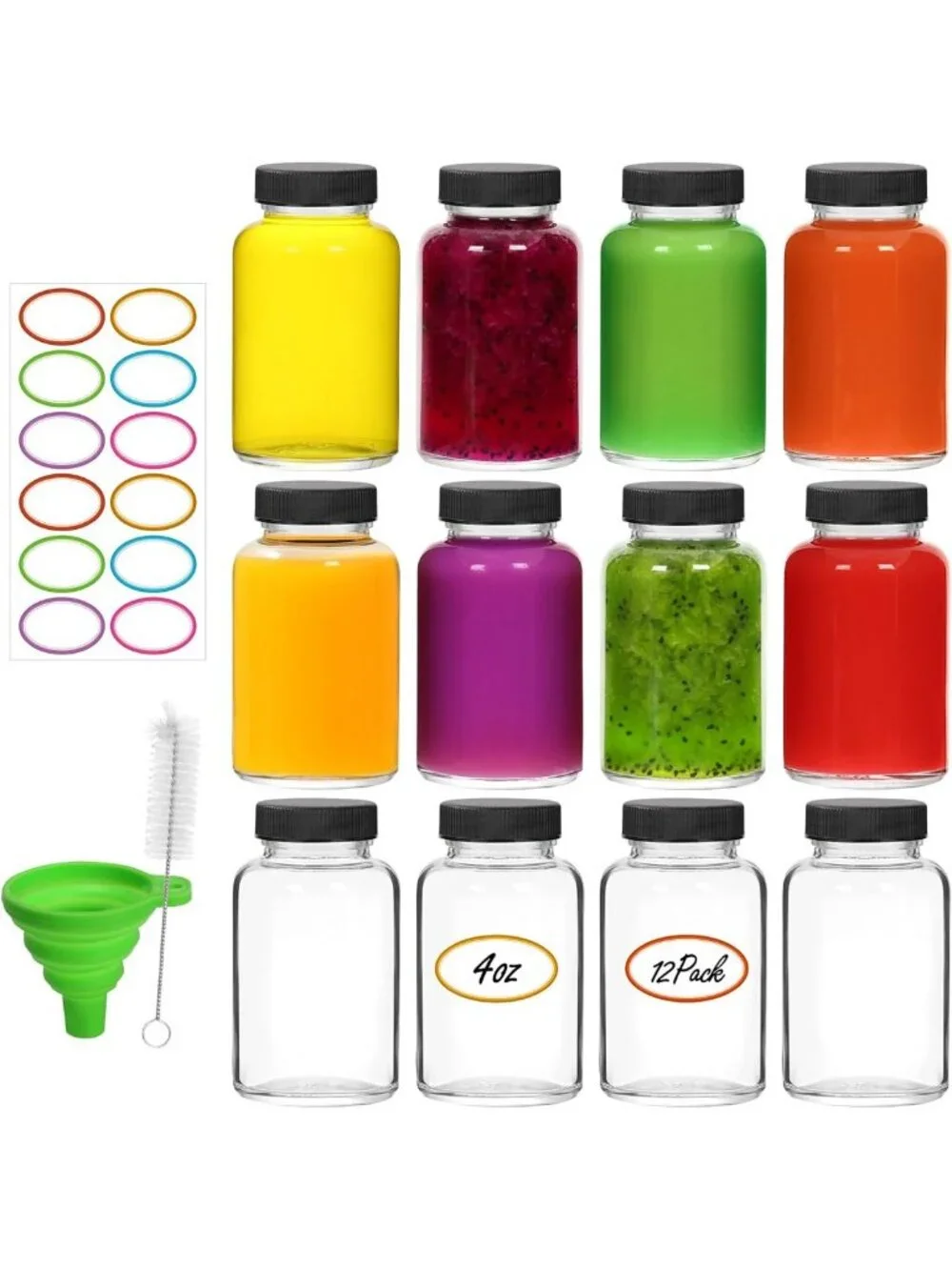 12 Pack Leakproof 4 OZ Glass Shot Bottles | Mini Juice Jars, Reusable Containers